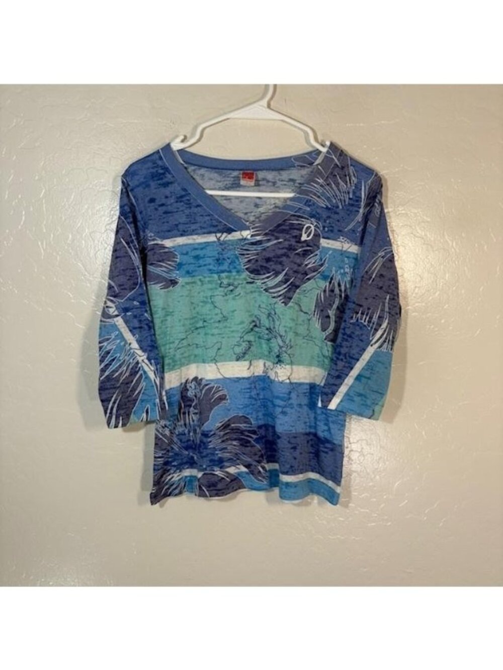 Before+Again Shirt Womens Small Blue Tropical Floral V Neck 3/4 Sleeve Top